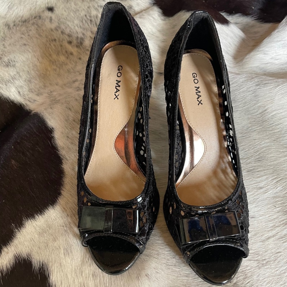 Go Max Black Lace Peep Toe Heels Pumps Bow Detail Evening Party Women's Size 7